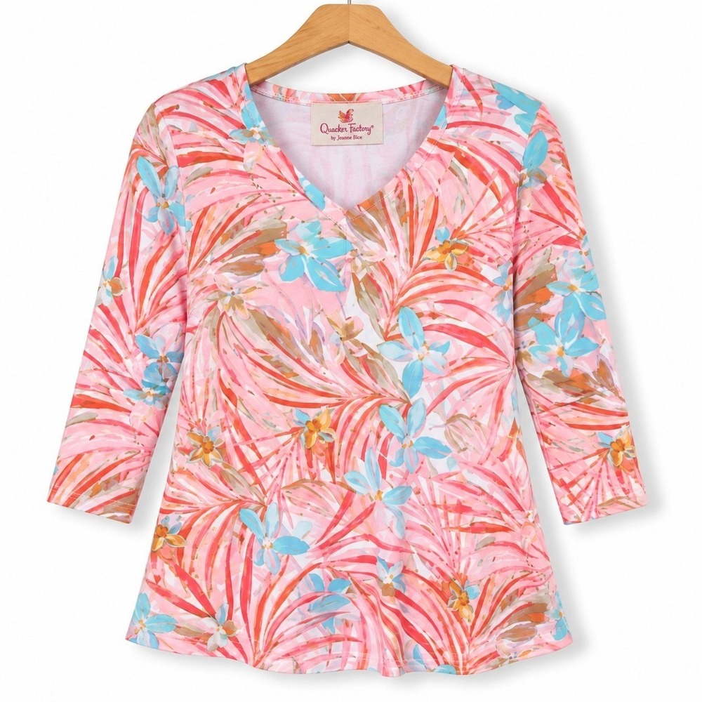 Quacker Factory Top Womens XS Coral Fantasia Printed V-Neck 3/4 Sleeve A681261
